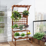 ADS CART Plant Stand 2 Tier Carbonized solid Display Shelf Ladder Rack with Trellis