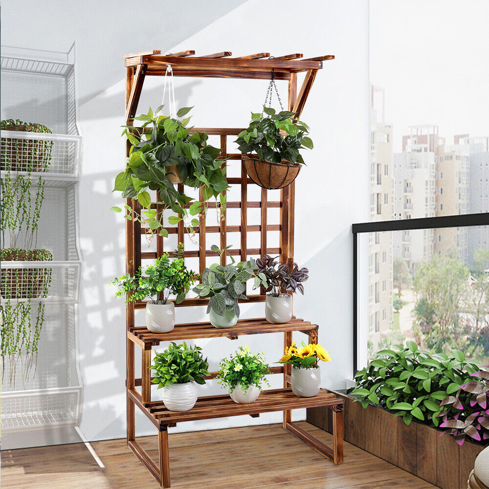 ADS CART Plant Stand 2 Tier Carbonized solid Display Shelf Ladder Rack with Trellis