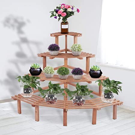ADS CART 4 Tiers Flowers Rack Corner Plant Shelf Stand Multi Wood Shelves