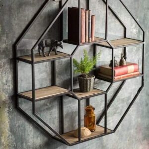 Ads Cart  Modern Hexagonal Shaped Wall Mount Shelf Iron, Wooden Wall Shelf